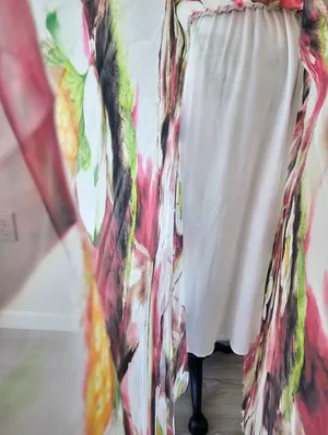 NWT Watercolor Floral Lotus Chiffon Maxi Skirt Size S Pink Green Sheer Layered thumbnail 5
