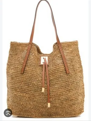 Anthropologie Beige raffia Woven & Brown Leather Tote thumbnail 1