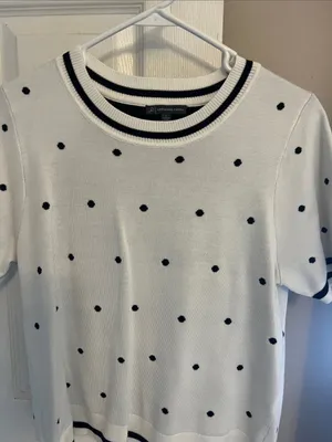 Adrianna Papell White Short Sleeve Knit Tee with Black Polka Dots thumbnail 2