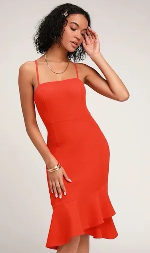 Lulus Irresistible Ways Red Orange Ruffled Midi Dress | Medium New with Tags thumbnail 1