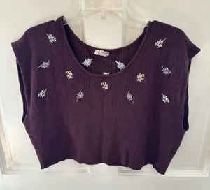 Free People Brown Embroidered Floral Sleeveless Crop Blouse/Sweater Large thumbnail 1