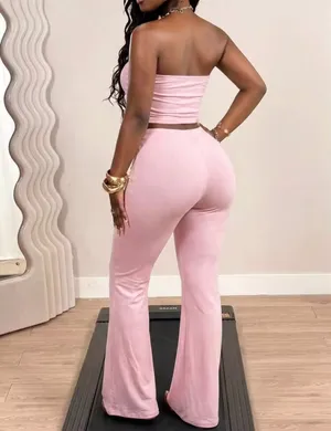 Y2K baddie baby pink bandeau crop top flare pants set thumbnail 2