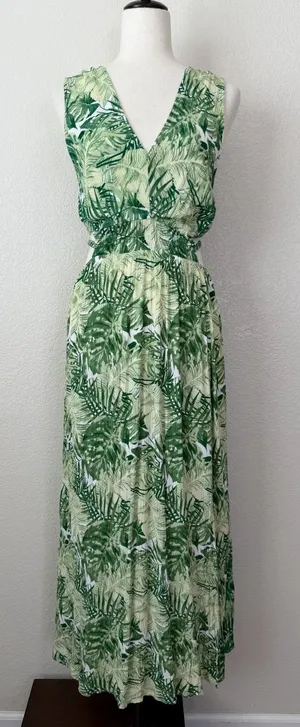 Justify Double V-neck Green Tropical Smocked Cut Out Waist Maxi Dress, Sz Large thumbnail 1