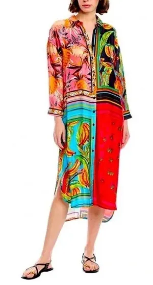 FARM Rio Scarf Mix Shirt Dress‎ Womens XS Multi Tropical Patchwork Midi Boho New thumbnail 1