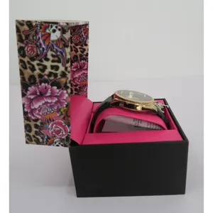 Ed Hardy Women Watch Gold Tone Skull Roses Black Strap Tattoo Art New In‎ Box thumbnail 3