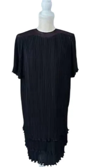 Vintage Black Pleated Layered Tiered Midi Dress With Satin Trim Size‎ 18 thumbnail 1