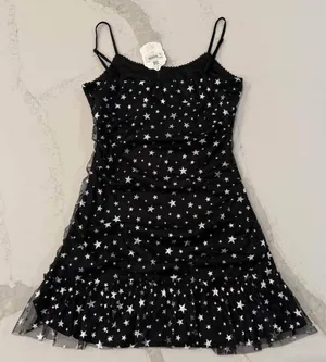 Altar’d State NWT Star Print Mini Dress Women’s Medium Black/Silver Ruched Sides thumbnail 8