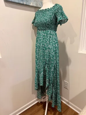Lulu's Green Floral High-Low Off-Shoulder Midi Dress Size Small Bridal Shower thumbnail 2