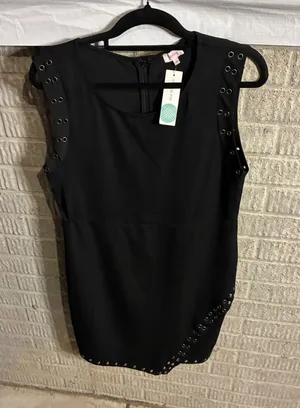 New Pixley‎ Black Zela Dress Grommet Detail Asymmetrical Hem Size L thumbnail 1