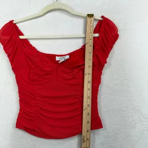 Just Polly Size S Red Corset Top Ruched Mesh Sweetheart Cap Sleeve Cropped thumbnail 9