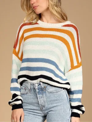 Lulus Charli Blue Multi Striped Knit Sweater size Large 100% Cotton thumbnail 1