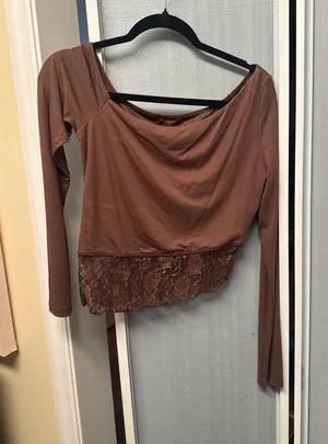 White Fox Perfect Timing Off The Shoulder Long Sleeve Crop Top in Chocolate thumbnail 1
