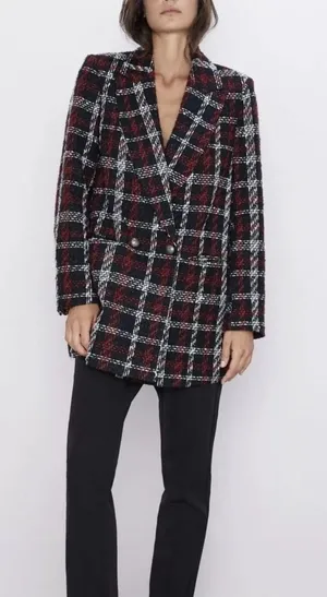 ZARA Overside Plaid Front Double Breasted Tweed Blazer Button Lined M Black Red thumbnail 1