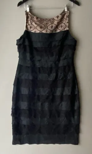 London Times Silk Lace MobWife Office Siren Tiered Cocktail‎ Dress 14 Black thumbnail 1