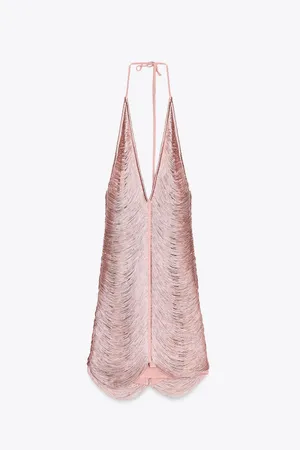 Zara Sleeveless Pink Halter Fringe Bodycon Mini Evening Dress thumbnail 10