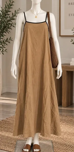 Shy Velvet Womens Dress Brown 100% Linen Contrast Trim Maxi Size Extra Small thumbnail 1