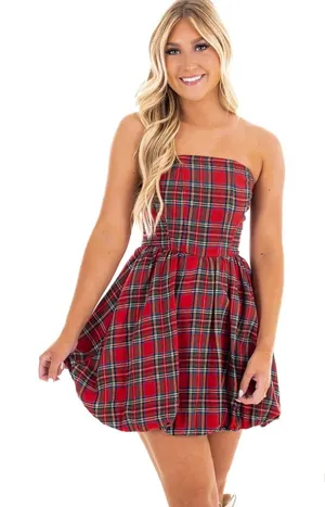Strapless Red Plaid Mini Dress - Classic Holiday Style thumbnail 1