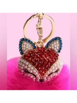 NEW Fluffy Fox Rose Pink Pearl and Gold Rhinestone Bag Charm Keychain NWT thumbnail 4