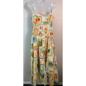 Moon River Womens L Midi Dress Cream Multi Color Fruit Print Smocked Tiered Boho thumbnail 2