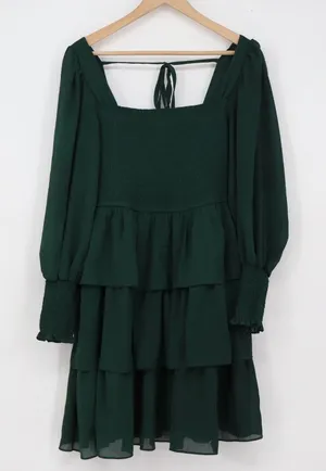 Shein Dark Green Smocked Tiered Ruffle Long Sleeve Mini Dress XL thumbnail 1