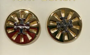 Tory Burch | Gold Plated | Gold and Silver Logo Round Stud Earrings thumbnail 1