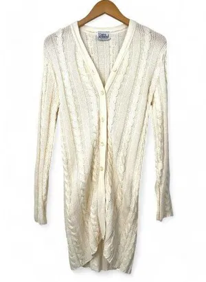 Knits Landing | M | VINTAGE 80's Cream Cable Knit Long Line Cardigan Sweater thumbnail 1