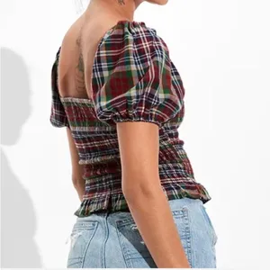 American Eagle Women's Plaid Puff Sleeve‎ Smocked Top Y2K Vibes thumbnail 5