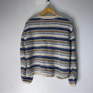 Vintage Christopher & Banks Blue Tan Brown Stripe Crew Neck Cardigan‎ Large thumbnail 2