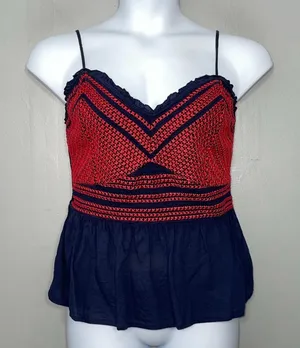 Old Navy Babydoll Tank Size Large Tall Peplum Smocked Cami Red Embroidered Boho thumbnail 1