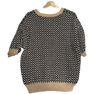 VTG Ann Taylor Factory Sweater Womens Sz XLHoliday Black Tan Short Sleeve Top thumbnail 2