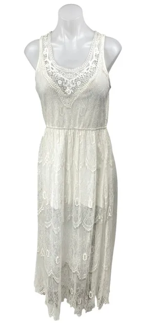 Forever 21 White Sleeveless Floral Lace Embroidered A Line Maxi Dress Size L thumbnail 1