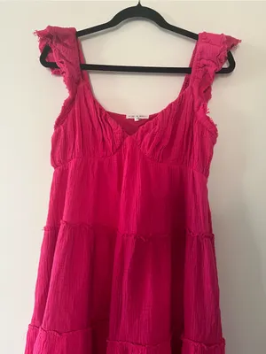 Hot Pink Tiered 100% Cotton Gauze Maxi Dress Small Coastal Euro Summer Beach thumbnail 2