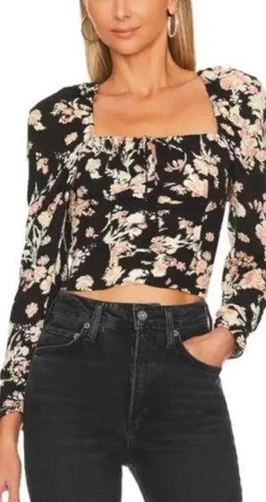NEW Free People Hilary Printed Keyhole Top Black Combo thumbnail 1