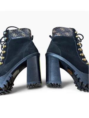 Women's Guess Black Suede Lace Up Platform Heeled Boots Size 8 thumbnail 4