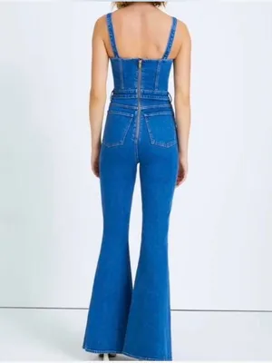 7 For All Mankind Beauty Denim Mega Flare Jumpsuit in Diana Blue Size M thumbnail 2