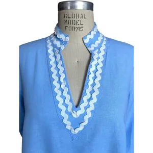 Sail to Sable Long Sleeve Linen Blend Tunic Dress Light Blue Rik Rak Trim Medium thumbnail 3