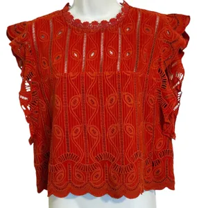 TULAROSA‎ Dark Red Clayton Eyelet Lace Ruffle Cap Sleeve Blouse Top Medium thumbnail 2