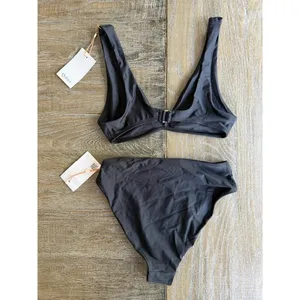 Quince NWT Italian Plunge Bikini Top and High-Rise High-Leg Bottoms Black Small thumbnail 4