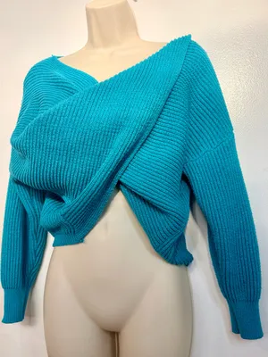 SHEIN Teal Wrap Sweater XS Ribbed Knit Crossover Cropped Long Sleeve US 2 thumbnail 6