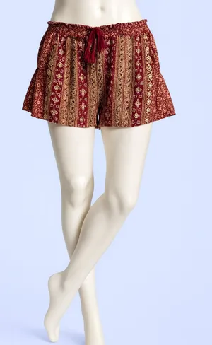 Boho Ruffle Hem Tassel Shorts – Burgundy Multi Print thumbnail 1