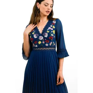 ASOS DESIGN Floral Embroidered Lace Pleated Midi Dress - Navy | Size 2 thumbnail 3
