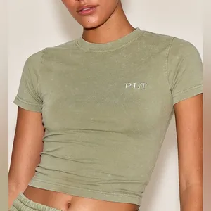 NEW!! PrettyLittleThing Washed Olive Green Embroidered Logo Fitted‎ Cropped Tee thumbnail 1