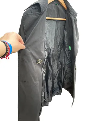 Y2K United Colors of Benetton Black Trench Coat M Minimalist Belted Jacket thumbnail 9
