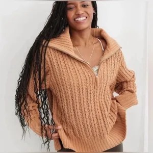Aerie Cable Oversized Knit Stretch Sweater Quarter 1/4 Zip Soft Tan L thumbnail 1