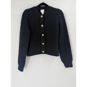 NWT H&M Textured Knit Cardigan Womens S Navy Blue Gold Crest Button Old‎ Money thumbnail 3