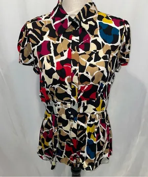 Y2K babydoll cap sleeve silk geometric blouse button front banded waist DVF thumbnail 7