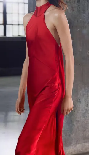 Zara Elegant Red Halter Neck Dress gown satin scarf shawl evening cocktail wedding thumbnail 4