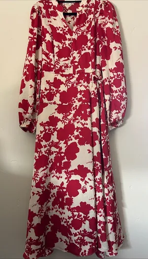 Melloday Red & Cream Floral Faux Wrap Long Sleeve Maxi Dress Sz Small thumbnail 1