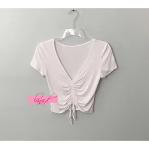 Ambiance Apparel Ruched Scrunched V-Neck Short Sleeve Drawstring Gathered Cropped Tee Crop Top S thumbnail 2