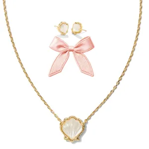 Brynne Shell Gold Short Pendant Necklace and Earring Set thumbnail 1